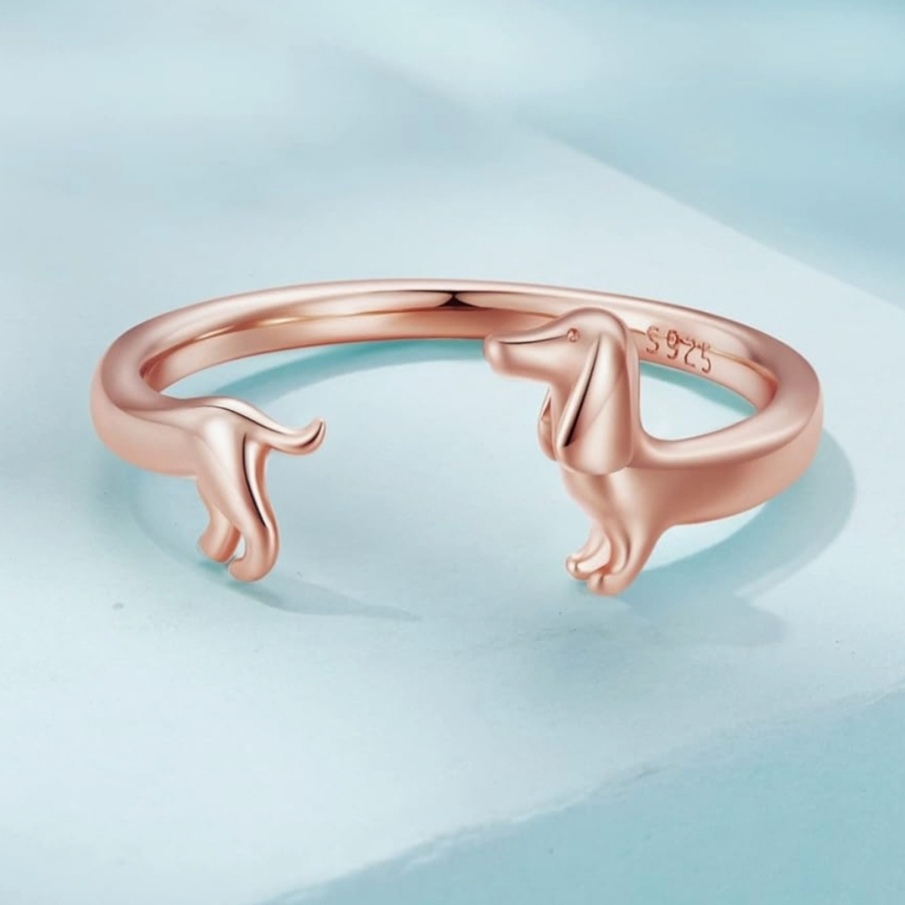 925 Sterling Silver Dashuand Dog‎ Rose Gold Animal Adjustable Ring Gold Plated